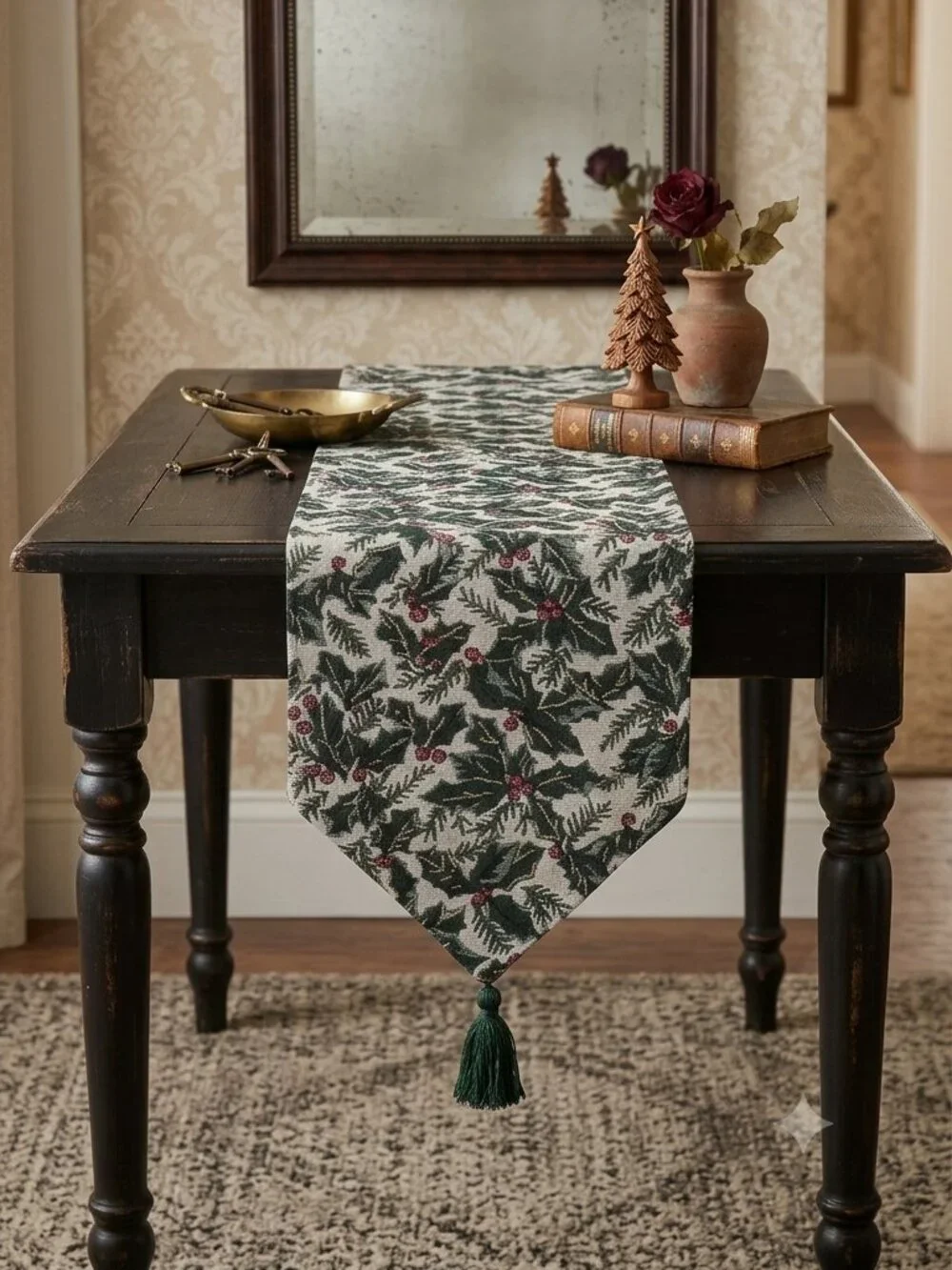 Vintage Victorian Holly Tapestry Table Runner Dark Forest Green Tassels 68x12